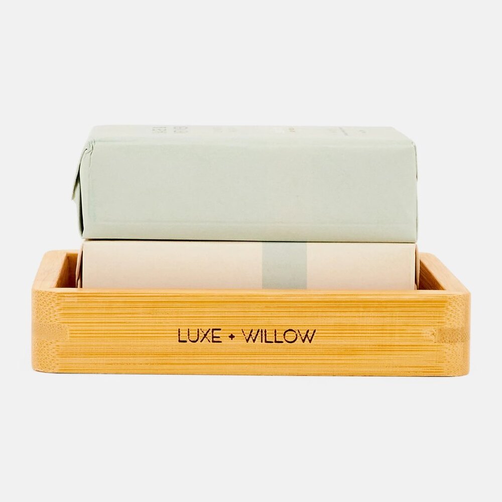 NEW Luxe + Willow 3 pc Sage & Vetiver Oatmeal Bar Soap Set With Bamboo Soap Tray